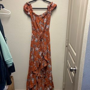 Olivaceous Medium Off the shoulder orange red floral dress button front tie